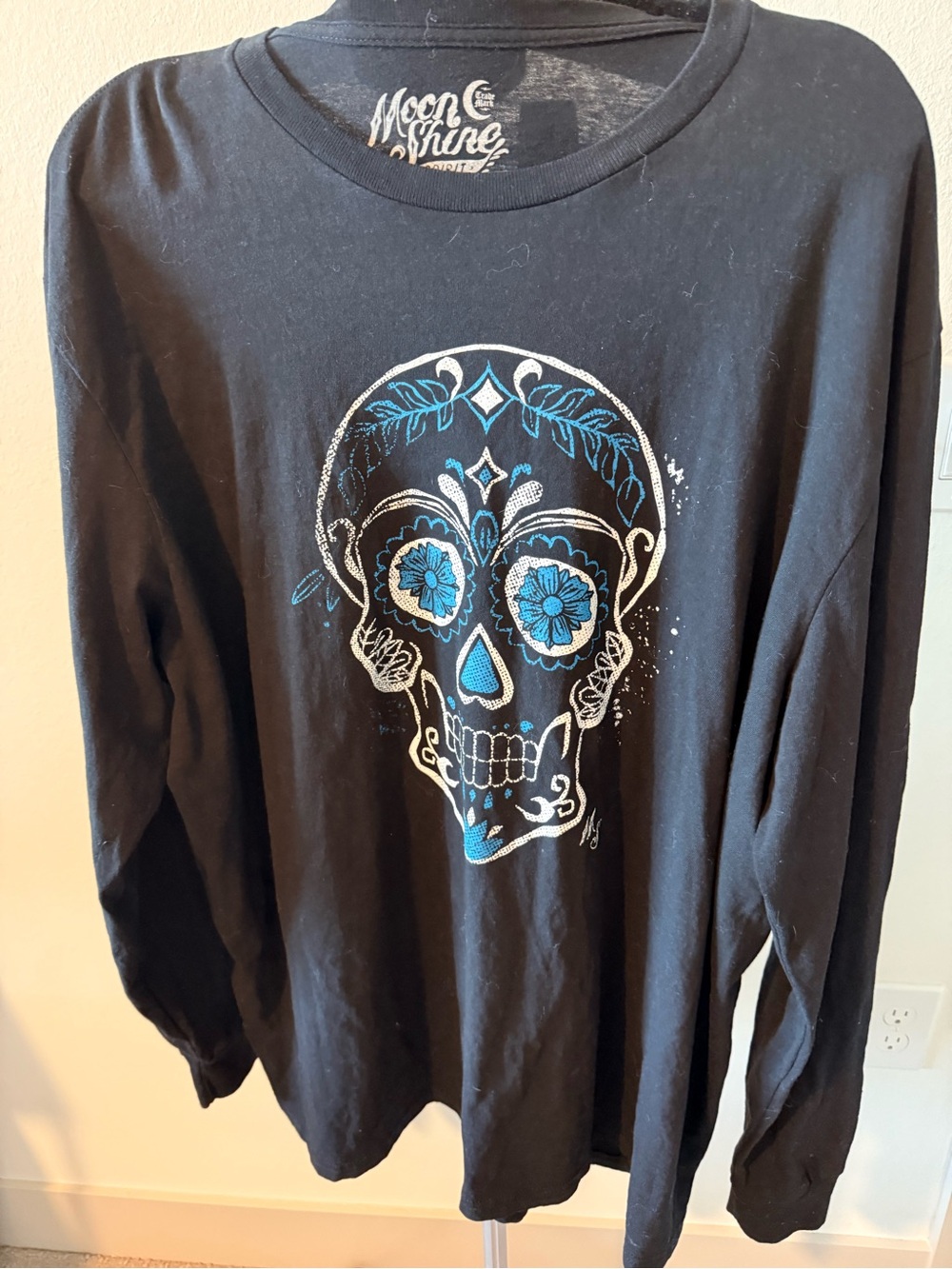Moon Shine Spirit Black Long Sleeve Tee with Blue Sugar Skull Print